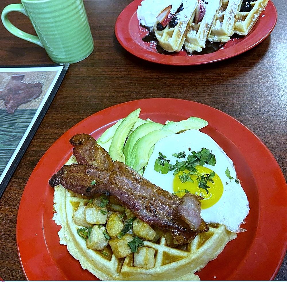Western waffle with eggs and bacon